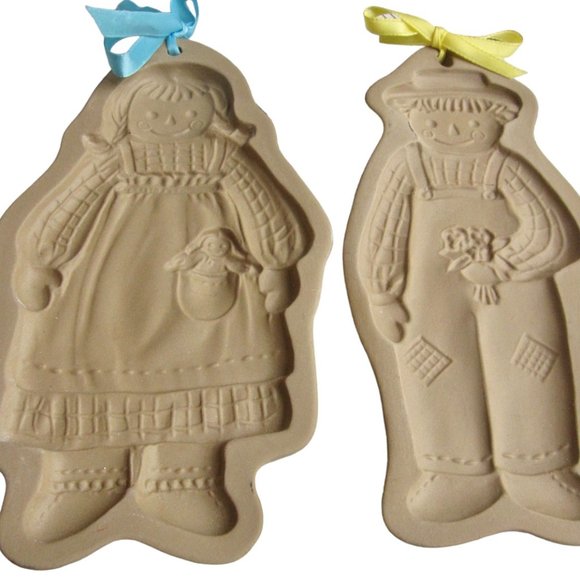 Vintage 1988 Brown Bag Cookie Art 2 Baking Molds Raggedy Girl & Boy Farmhouse